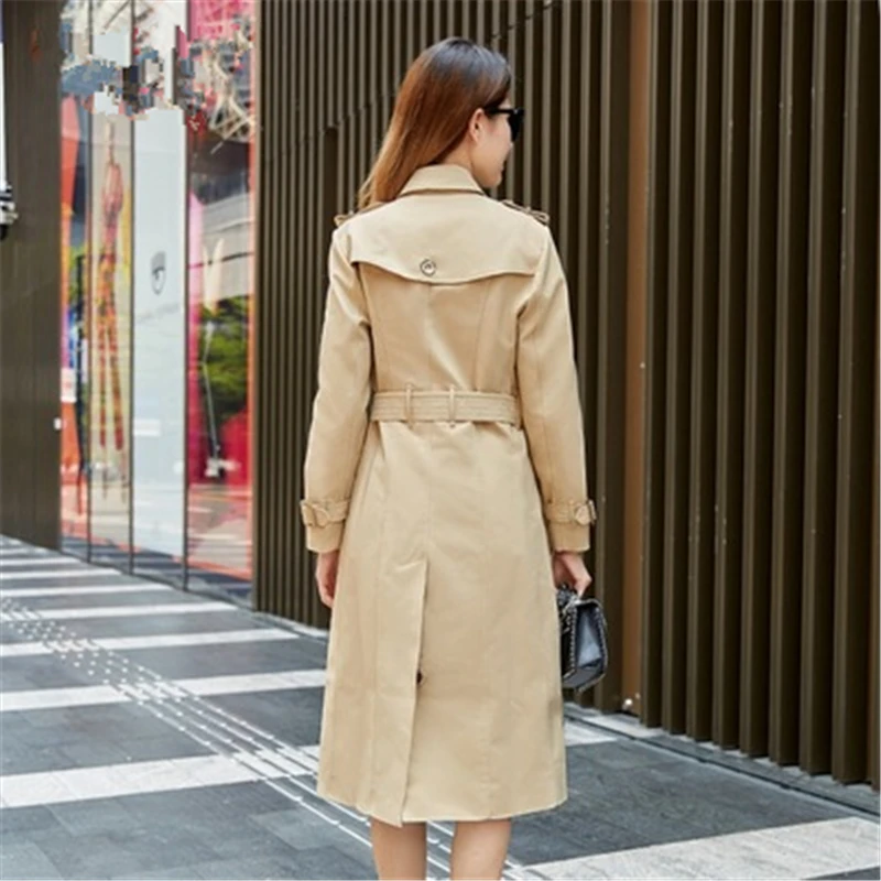 Женский двубортный Тренч средней длины приталенный плащ цвета хаки с поясом и
