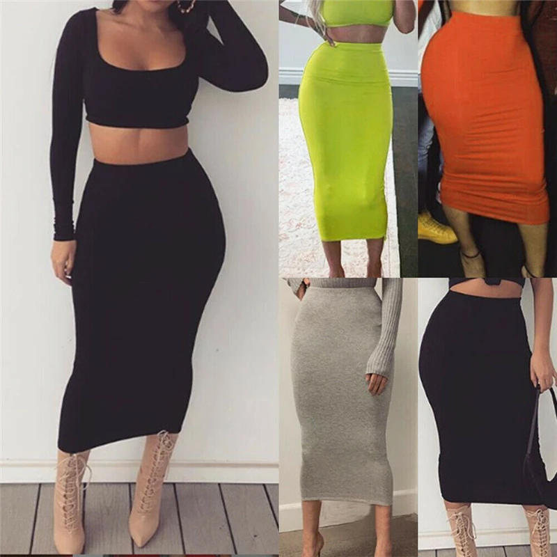

2020 Club Party Skirts For Woman Solid Black Gray High Waisted Pencil Skirts Womens Summer Wrap Sexy Midi Skirt Female