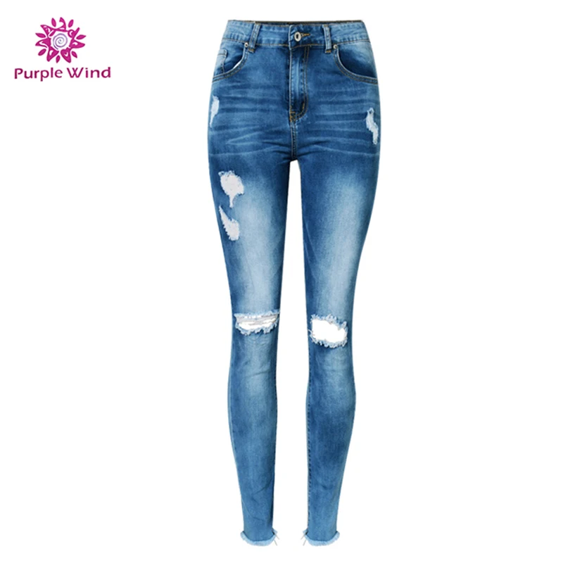 

Luxury Wholesale women jeans blue denim stretch skinny ripped jean for ladies