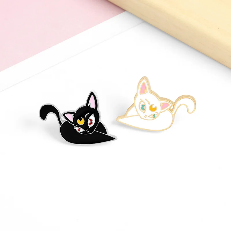 

Luna Cat Enamel Pin Moon Girl Kitten Brooches Bag Lapel Pin Black White Animal Badge Jewelry Gift for Kids Fans Friends