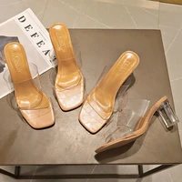 2021 designer slides women 9cm high heels transparent mules fetish summer female crystal sandals lady block heels slippers shoes