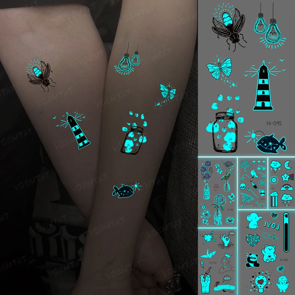 Милая синяя светящаяся тату-наклейка в бутылке Рыба цветок бабочка