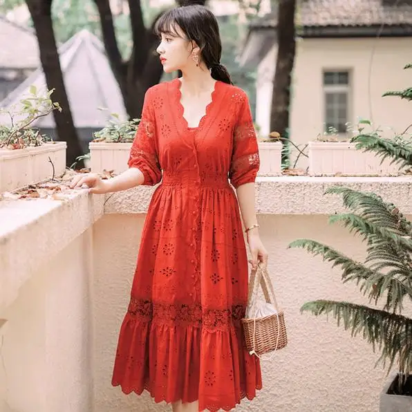 Элегантное красное платье в богемном стиле с вышивкой v-образный ворот 3/4 Фонари