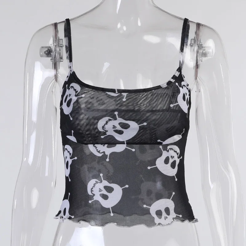 

Person cranial head printed gauze condole top 2021 European and American summer sexy perspective small vest female character