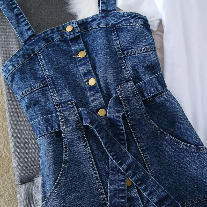 New Fashion Summer Girl Students Simple White T-shirt + Single-breasted Denim Strap Dress Twp-piece Set Women Slim Jeans |