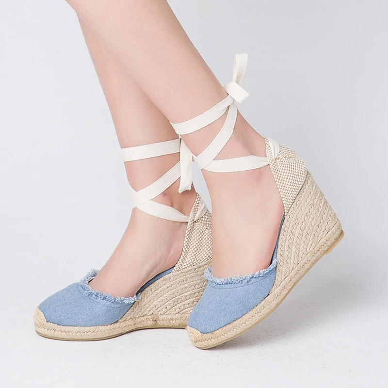 Эспадрильи на танкетке для женщин холщовые туфли с эффектом потертости каблуке 9