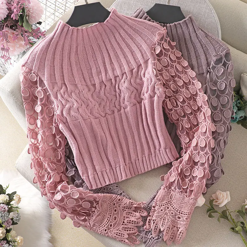 

Spring Women O Neck Knitted Mesh Patchwork Hollow Out Puff Sleeve Sweater Autumn Female Knitwear Pullovers Short Bottoming Tops