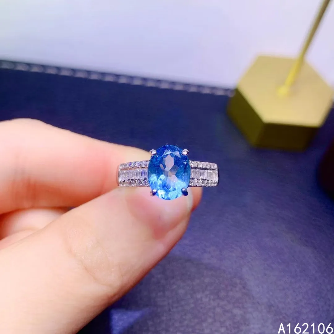 

925 Pure Silver Chinese Style Natural Swiss Blue Topaz Women's Luxury Elegant Oval Adjustable Gem Ring Fine Jewelry Support Dete