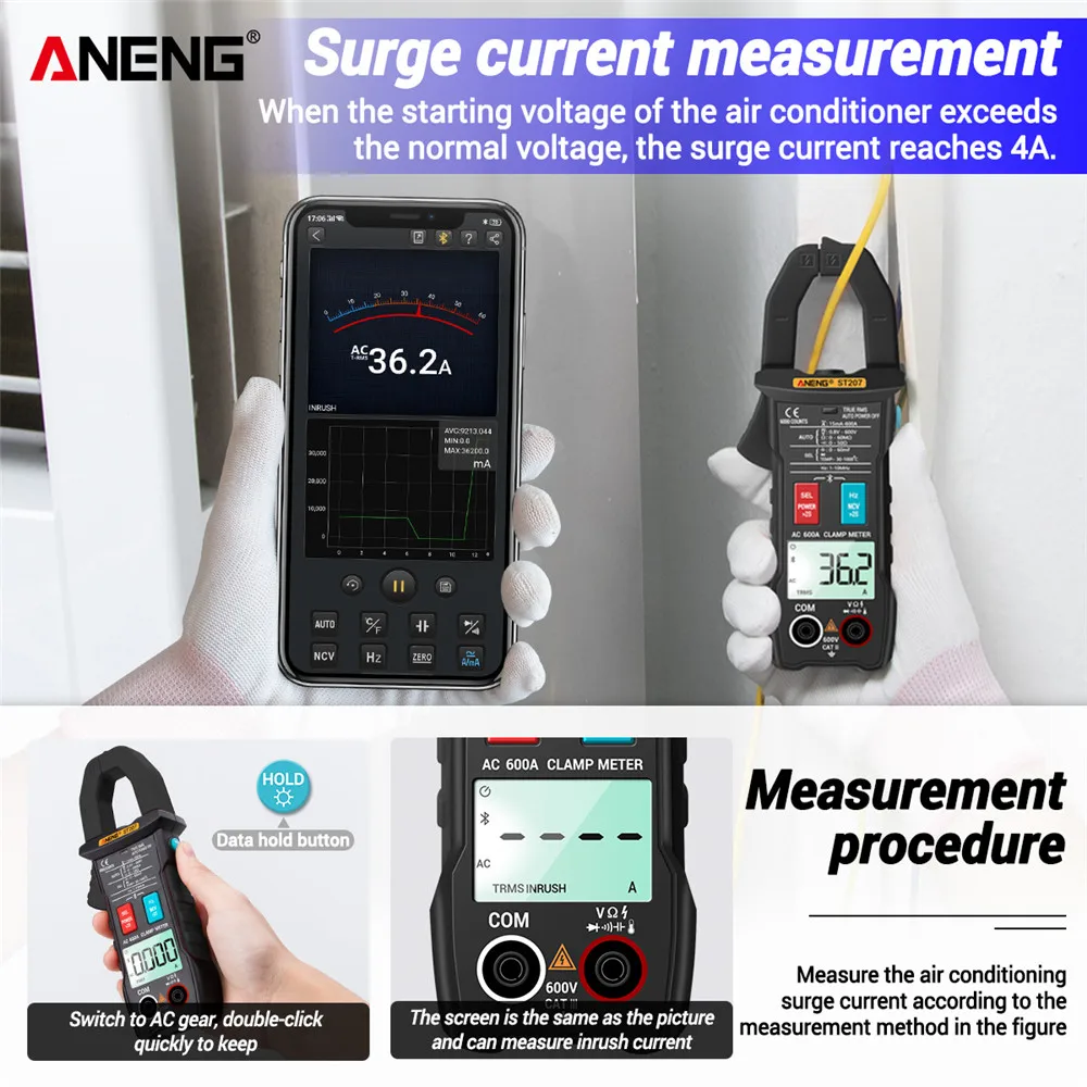ANENG ST207 цифровой Bluetooth мультиметр клещи 6000 граф истинный RMS DC/AC тестер напряжения