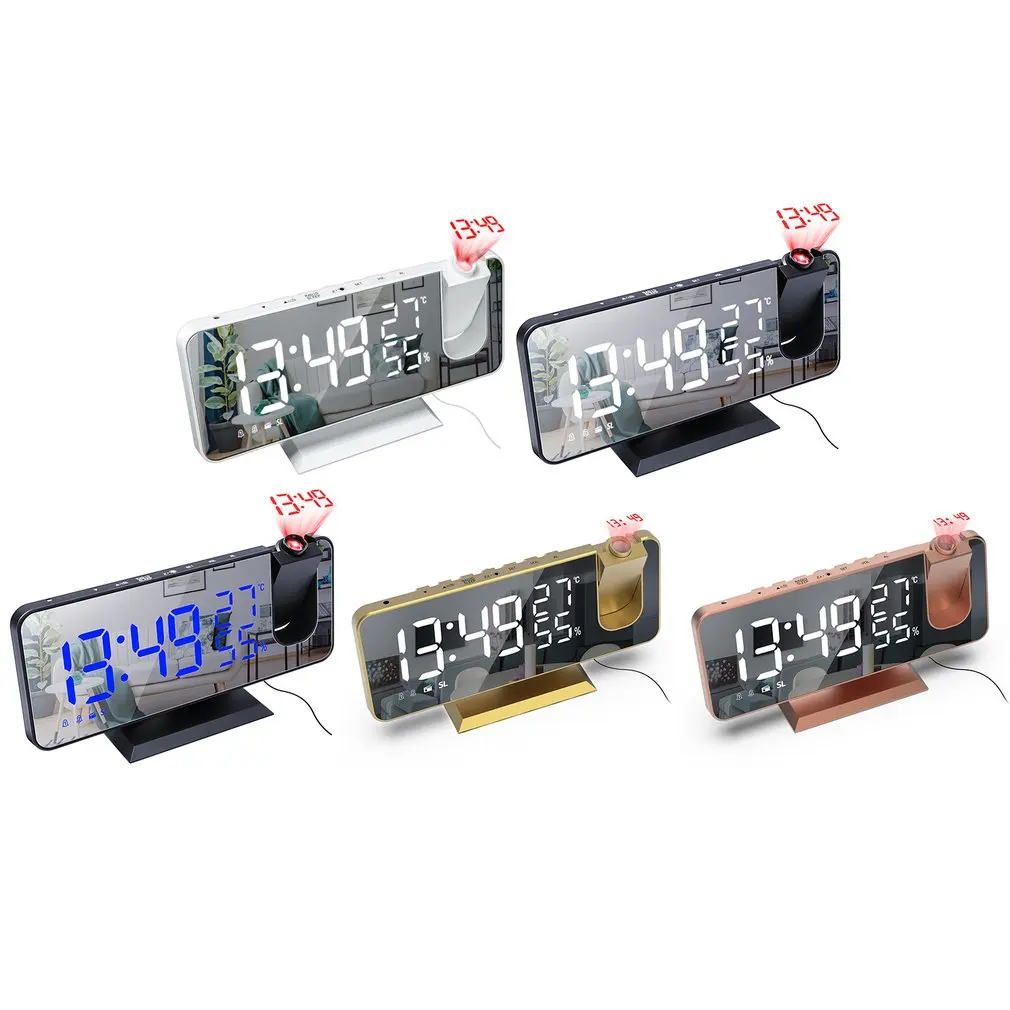 

Digital Alarm Clock Multifunction Bedside Time Clock LED Digital Display Temperature Humidity Radio Mirror Projector Clock