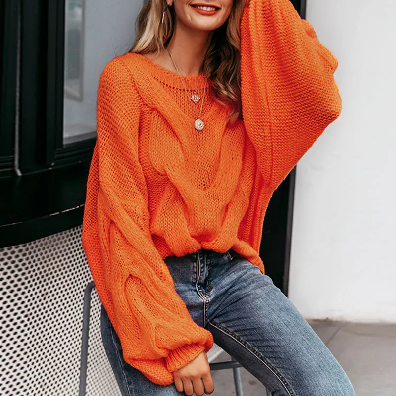 Misswim Casual loose mohair women pullover Autumn winter oversized sweater female lantern sleeve orange sweater jumpers mujer