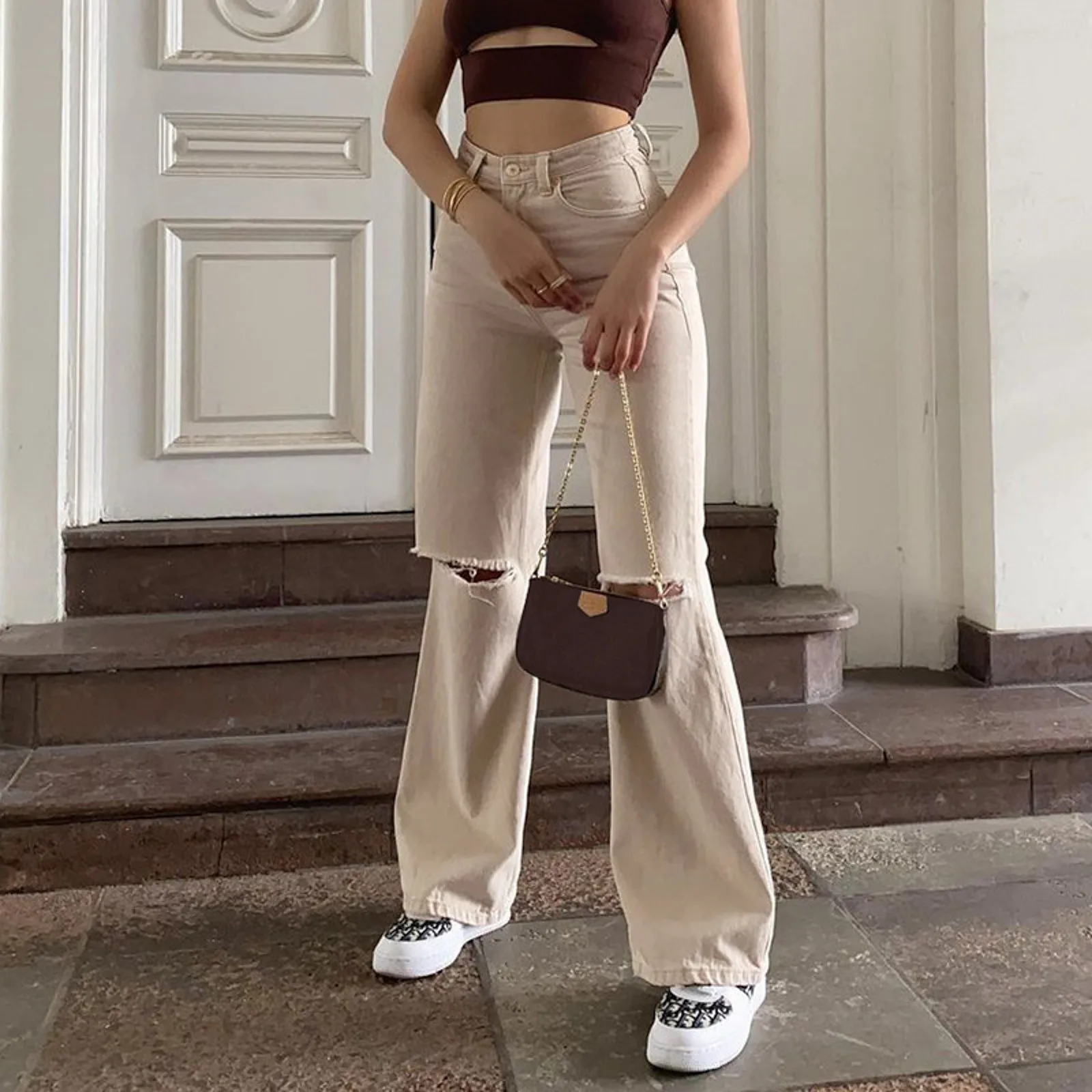 

Повседневные джинсовые брюки FAKUNTN y2k, рваные джинсы с дырками, женские брюки бойфренда с карманами и высокой талией, прямые брюки 90-х осенние