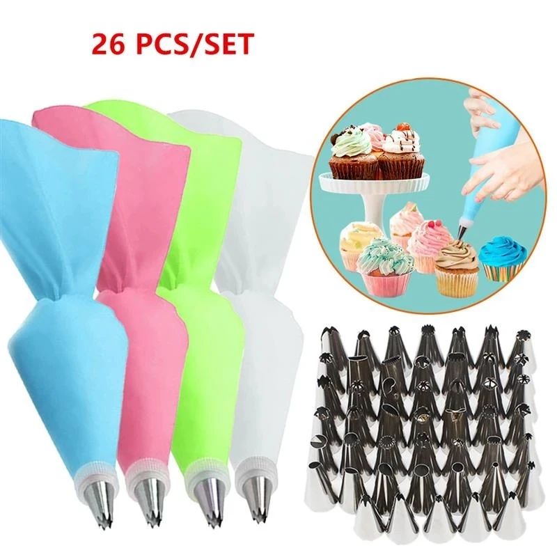 

8/14/20/26Pcs Reusable Icing Piping Nozzles Set Silicone Pastry Bag Kitchen Cake Decorating Tools Baking Scraper Flower