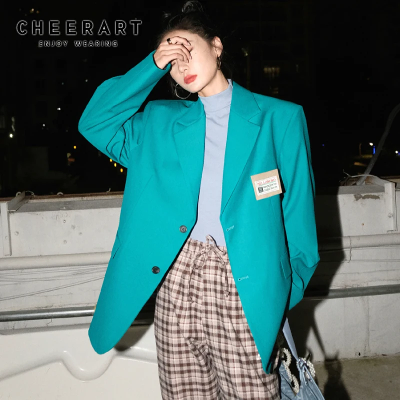 

CHEERART Emerald Green Blazer Fall 2021 Womens Fashion Coat Patch Korean Fashion Blazers And Jackets Purple Black Ladies Blazers