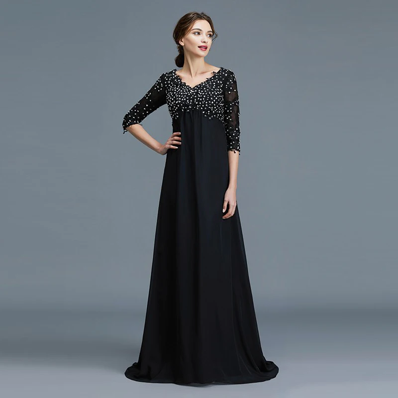 

2020 New Classic Black A Line Chiffon Mother of the Bride Dresses V Neckline 3/4 Sleeves Lace Applique Beads Wedding Party Gowns