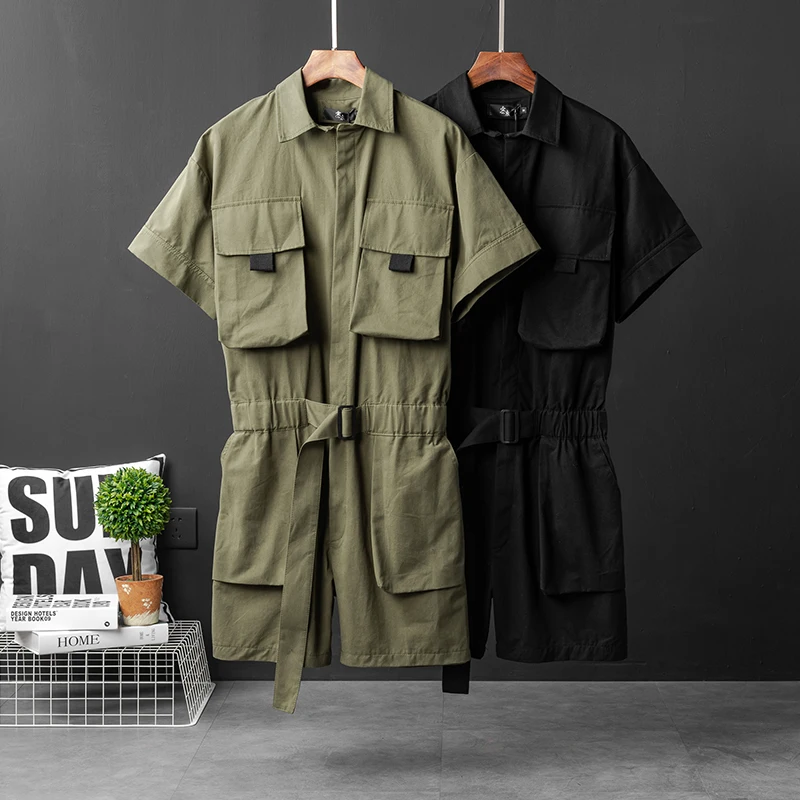 Комбинезон ZYYong мужской, с коротким рукавом, отворотами, несколькими карманами, в стиле хип-хоп, летние, зеленые, черные от AliExpress RU&CIS NEW