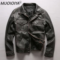 new men vintage brown genuine motorcycle leather jacket casual thick cowskin slim fit jacket winter coats
