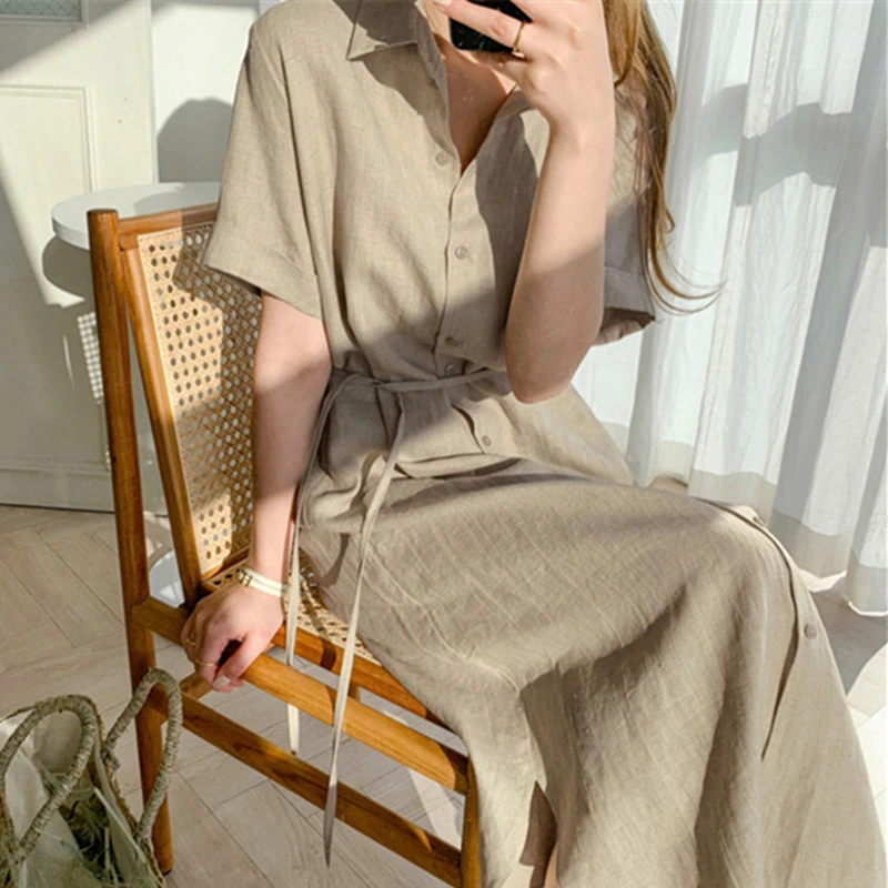 

New 2021 Women Summer Shirt Dress Casual 3 Colors Loose Fashionable Split Lace Up Cotton and Linen Long Dress