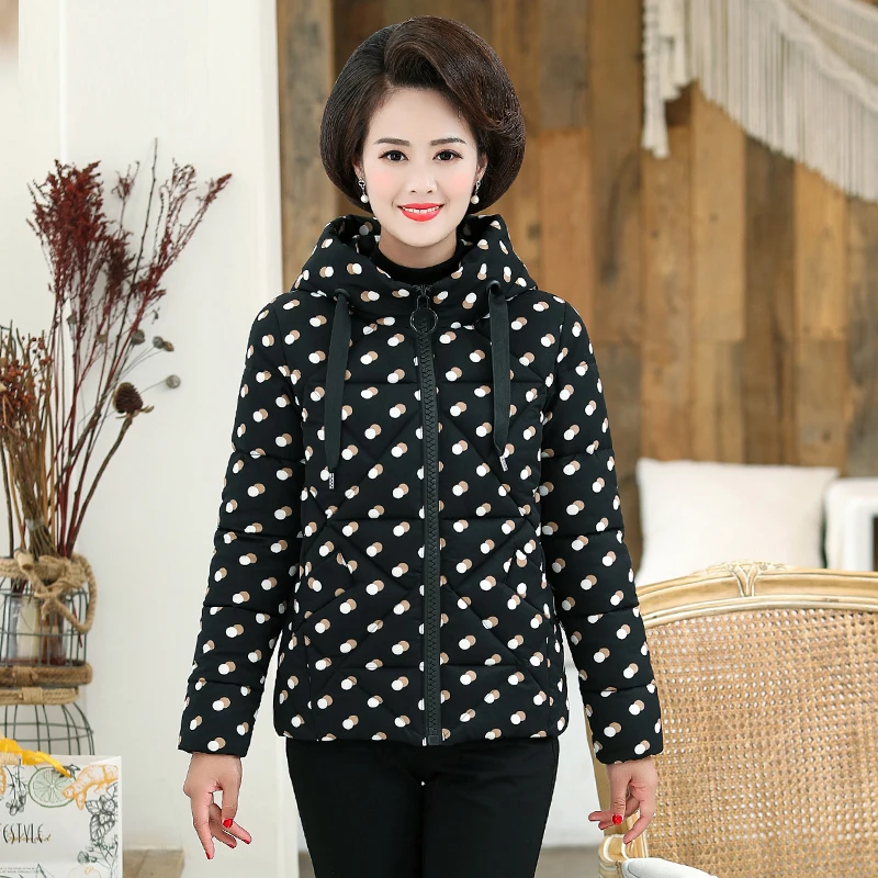 Women's Pikes dot hooded mother winter coat temperament down cotton padded middle and old aged cotton women's winter jacket