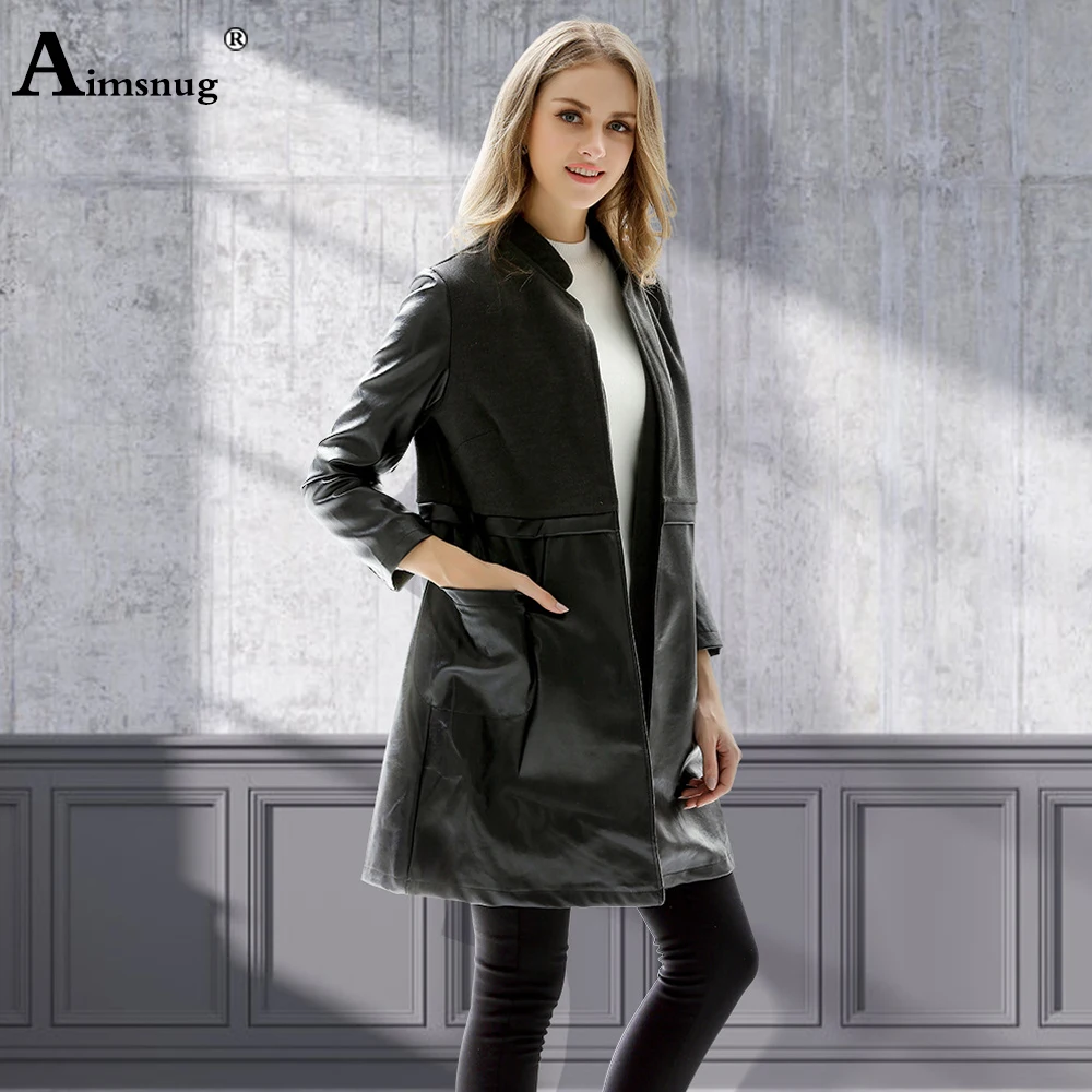 

2021 Spring Autumn PU Leather Jacket Women Clothing Open Stitch Faux Leather Outerwear Fashion Basic Top Long Coat Plus Size 5XL