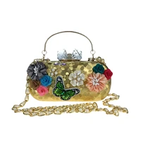 women new three dimensional satin flower dinner bag ladies embroidered beads butterfly pearl petal handbag leather clutch purse