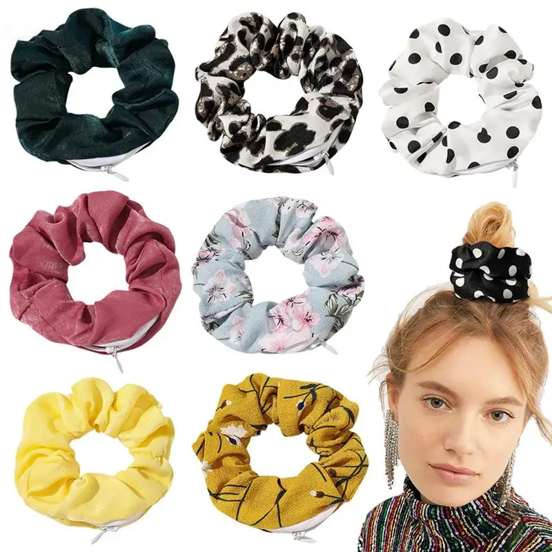 

7pcs/Lot Hair Tie Scrunchies Elastic Dot Leopard Decorative Bobble Hair Bands With Zipper Pocket Hair Band Hair Accessories
