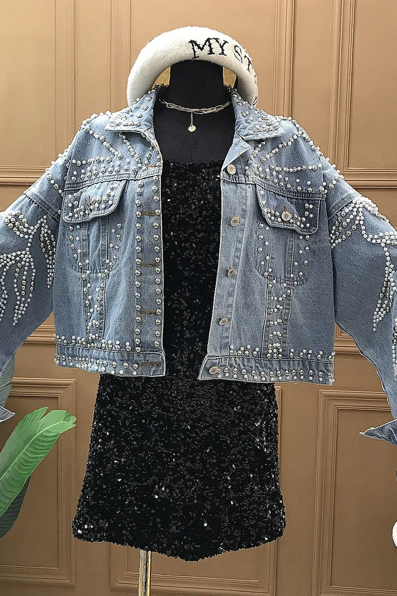 

2020 Spring New Denim Jacket Beading Rivet Short Coats and Jackets Women Single Breasted Loose Slim Tops Female Jeans Jacket