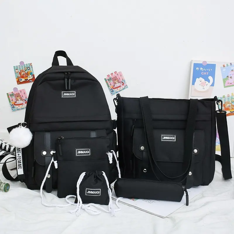 5 pcs sets canvas Schoolbags For Teenage Girls Women Backpacks Laptop keychain School Bags Travel Bagpack Mochila Escolar elviswords fruit pineapple printed school backpacks for student children girls laptop rucksacks travel bags women mochila