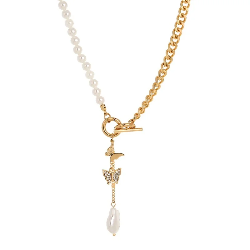 

2021 New Alloy Butterfly Crystal Round Pearl Chain necklace for women fashion temperament animal metal pendant jewelry wholesale