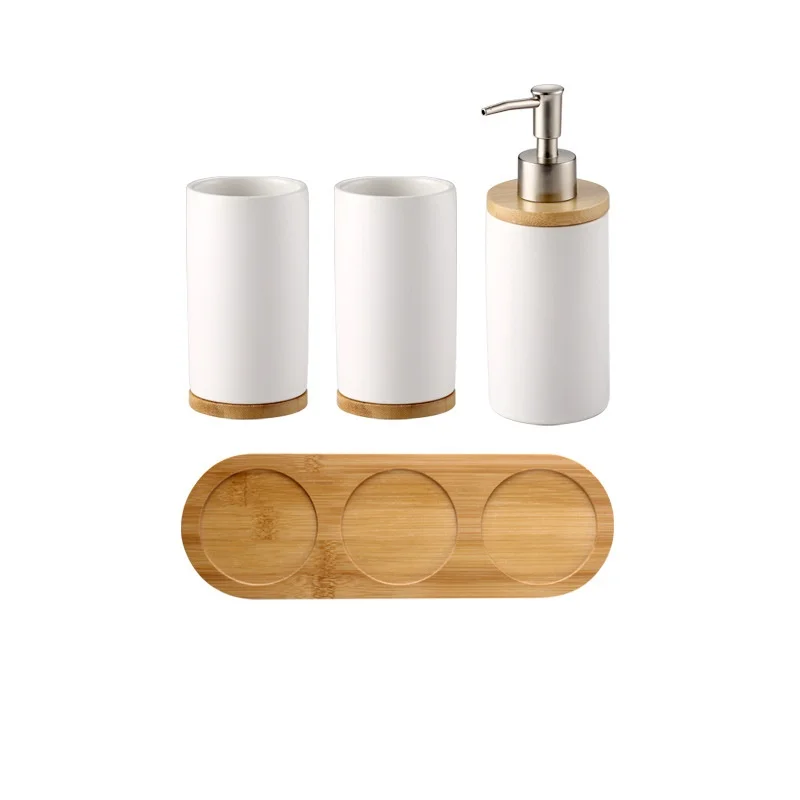 

Ceramic Bathroom Tumblers Creative Multifunction Bamboo Tray Matte Teeth Brushing Cup Kitchen Dishwashing Liquid Container Sets