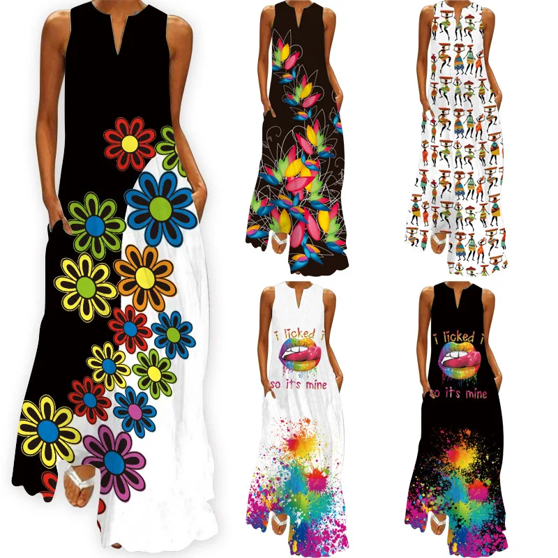

Women Sleeveless V-Neck Print Sexy Dress Long Dress 2021 Summer New Women's Clothing Oversized Fashion Pullover Dresses Vestidos