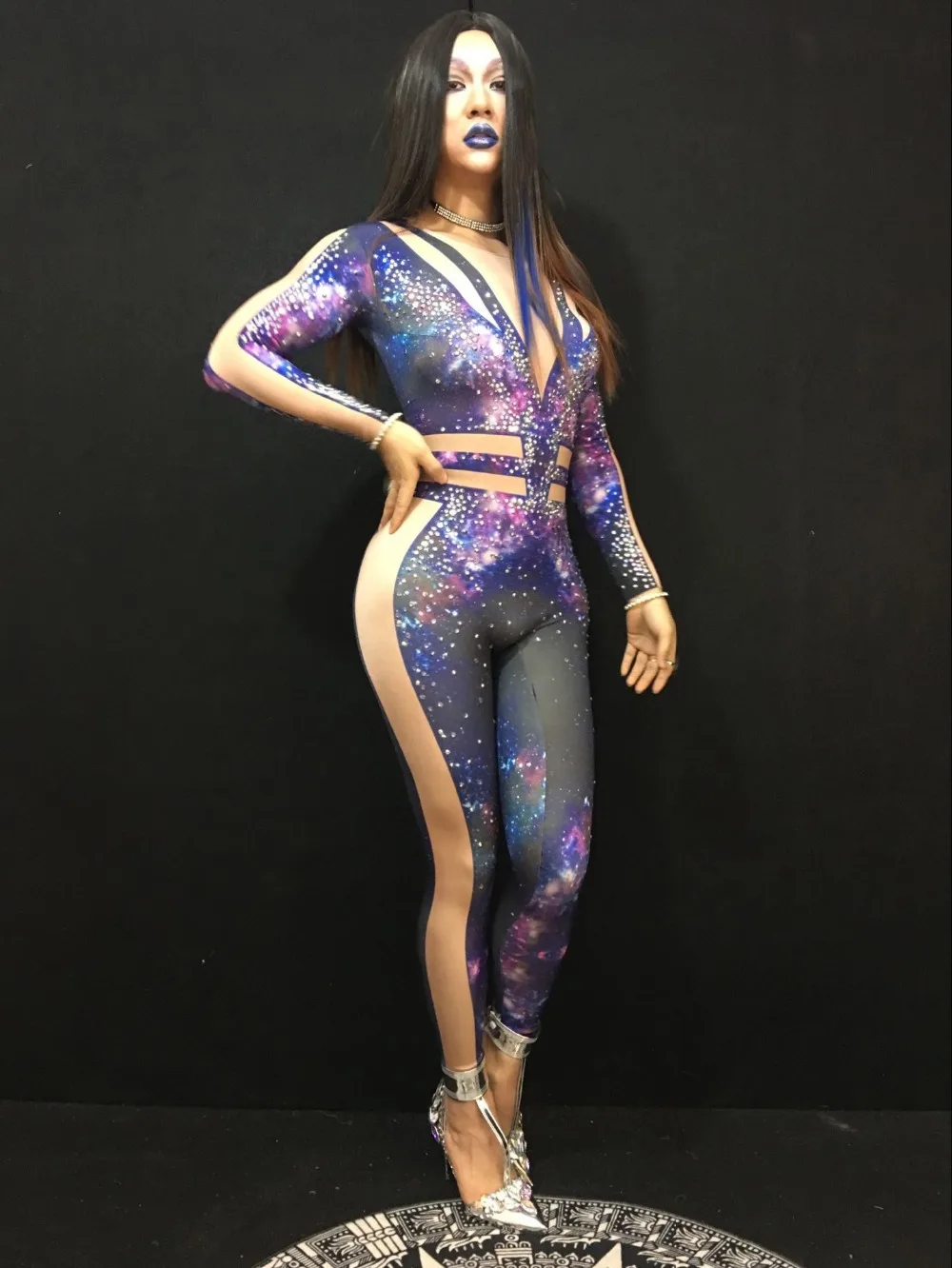 

Fashion Starry Sky Stage Costumes Stretch Skinny Women Jumpsuits Fashion Mixed Color Print Nightclub Leotard Bodycon Rompers