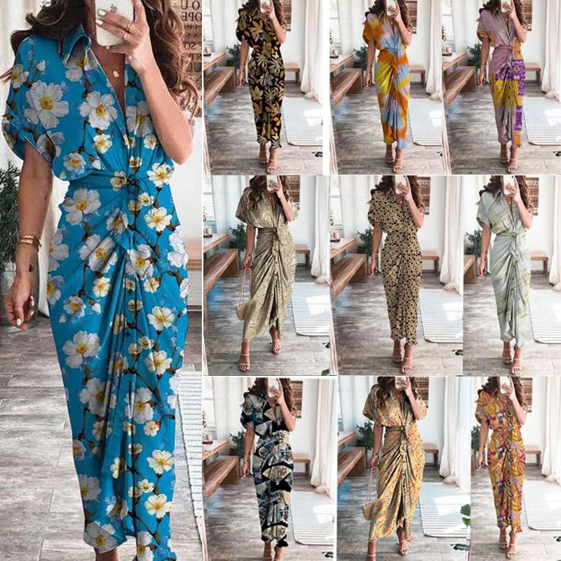 

Женское длинное платье макси, винтажное платье с принтом, рубашка с коротким рукавом, платье до середины икры, лето 2021