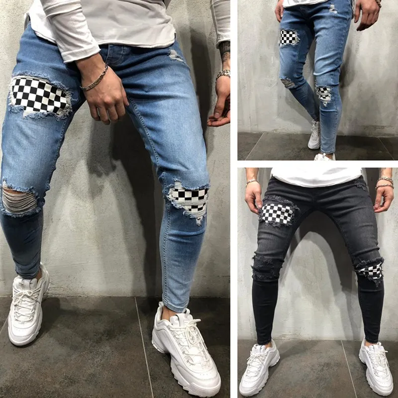 

Men's Patchwork Grid Jeans Skinny Locomotive Broken Hole Mid Waist Elasticity Denim Pure Color Jogging Movement Pencil Pants