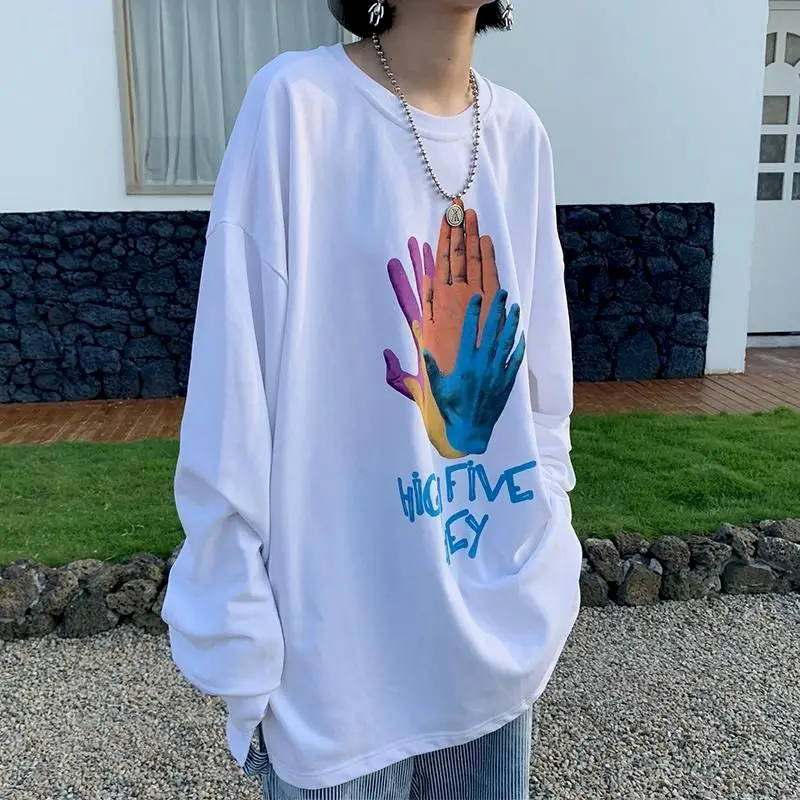 

Тонкая футболка в стиле панк с художественным принтом, женская одежда 2020, средней длины, весенне-осенний Свободный Топ с длинным рукавом, мо...