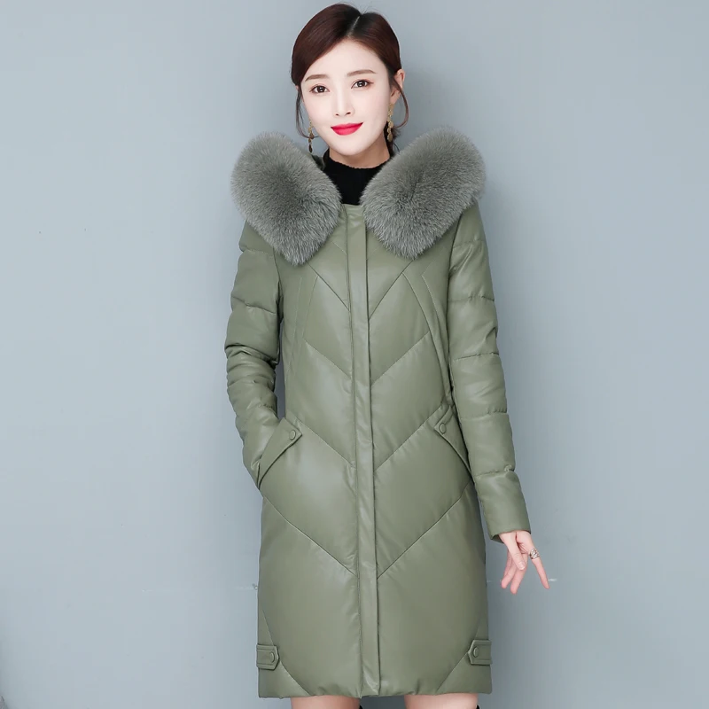 

Real Fox Fur Collar Winter Leather Jacket Women Elegant Thick Warm Leather Down Coat Hooded High Quality Women Coats