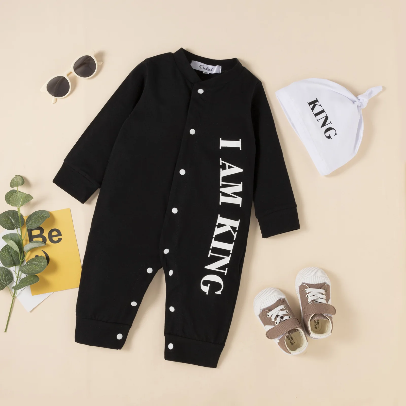 

2pcs Clothes Sets Baby Romper Boys Girls I Am King Letter Printed Full Sleeved Jumpsuits + Hat Outdoor Casual Outfits For Infant