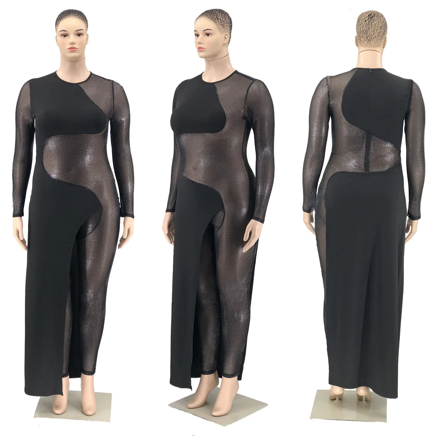 

Night Club Women Perspective Jumpsuits Fashion Sexy Mesh See Through Long Sleeve O-Neck Asymmetrical Design Lady's Rompers 2021