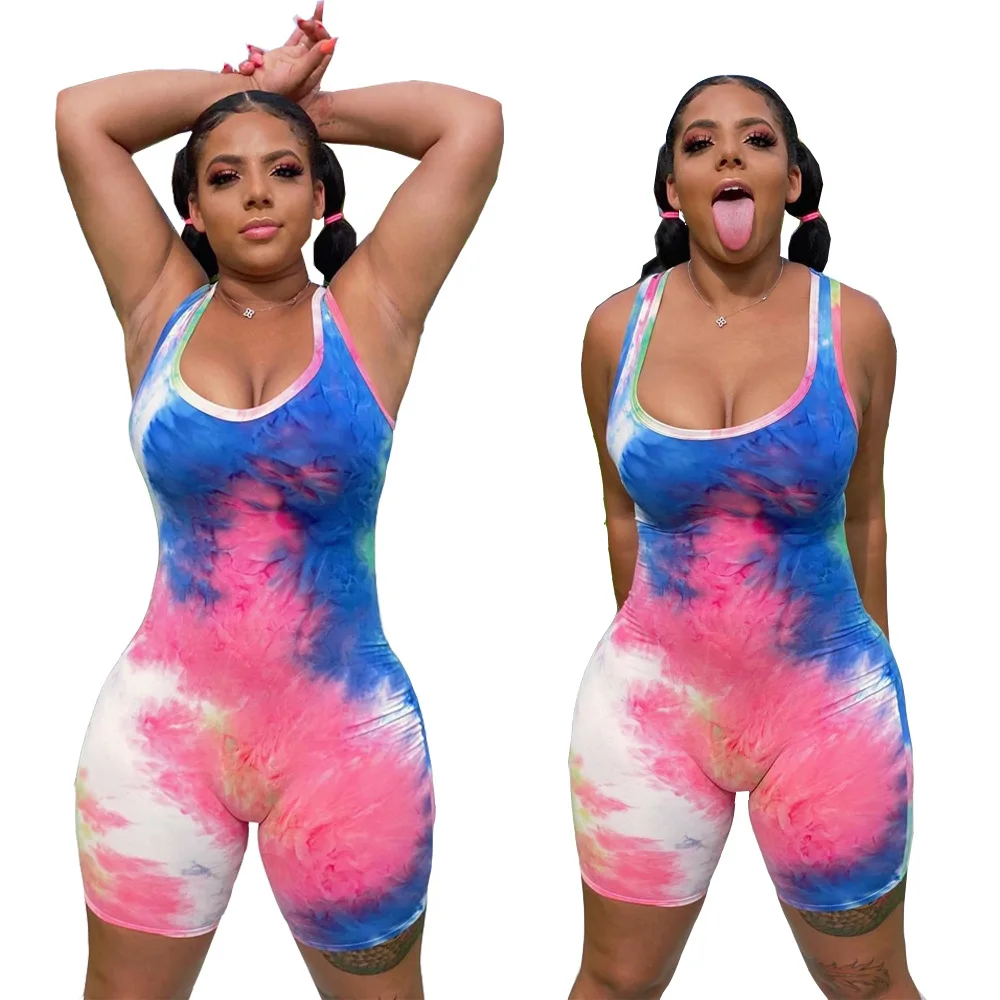

Tie dye print high street fashion lounge sporty jumpsuit 2020 summer sexy short romper women sexy club outfit