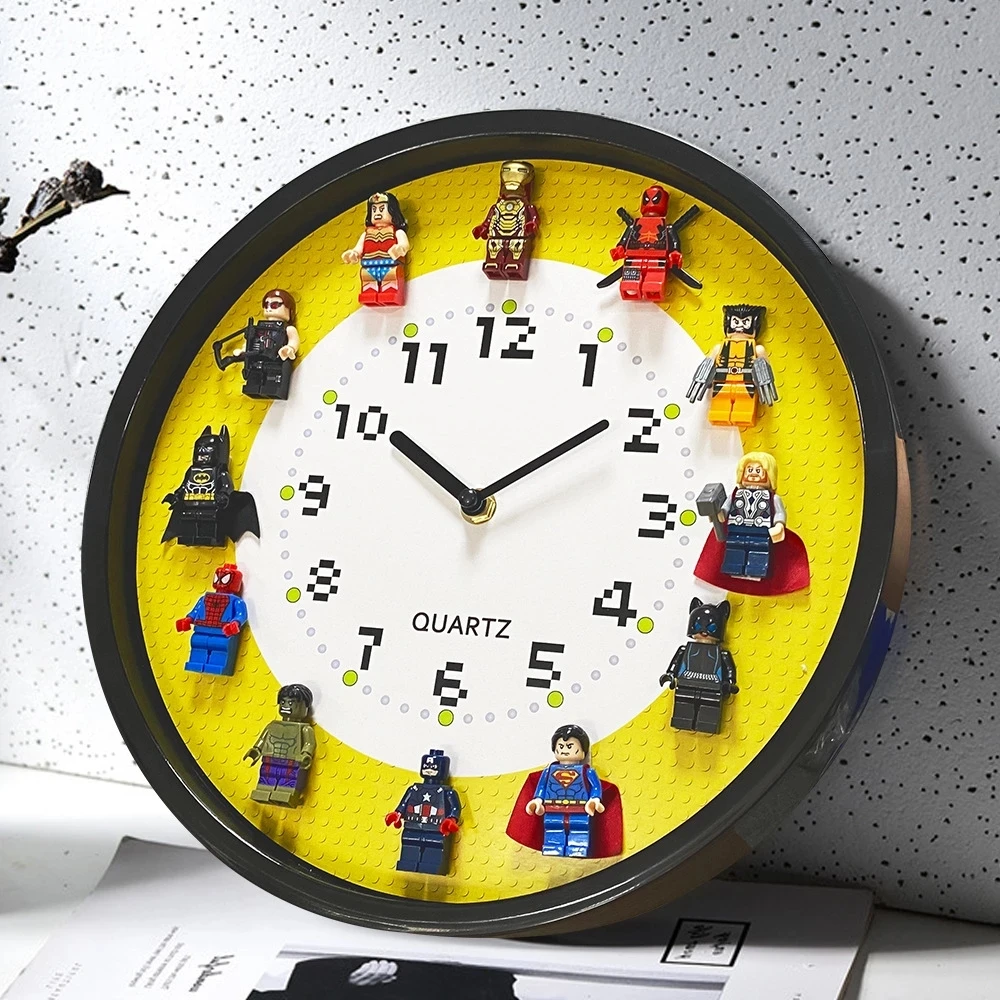 

3D Cartoon Wall Clock Creative Building Blocks Superhero Doll Wall Clock Living Room Decoration 12Inch CuteWall Clock Home Decor