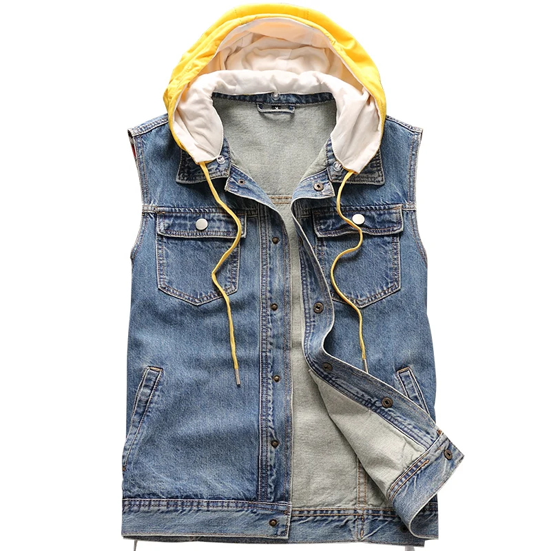 Съемный весенне-летний жилет с капюшоном джинсовый мужской свободный моющийся