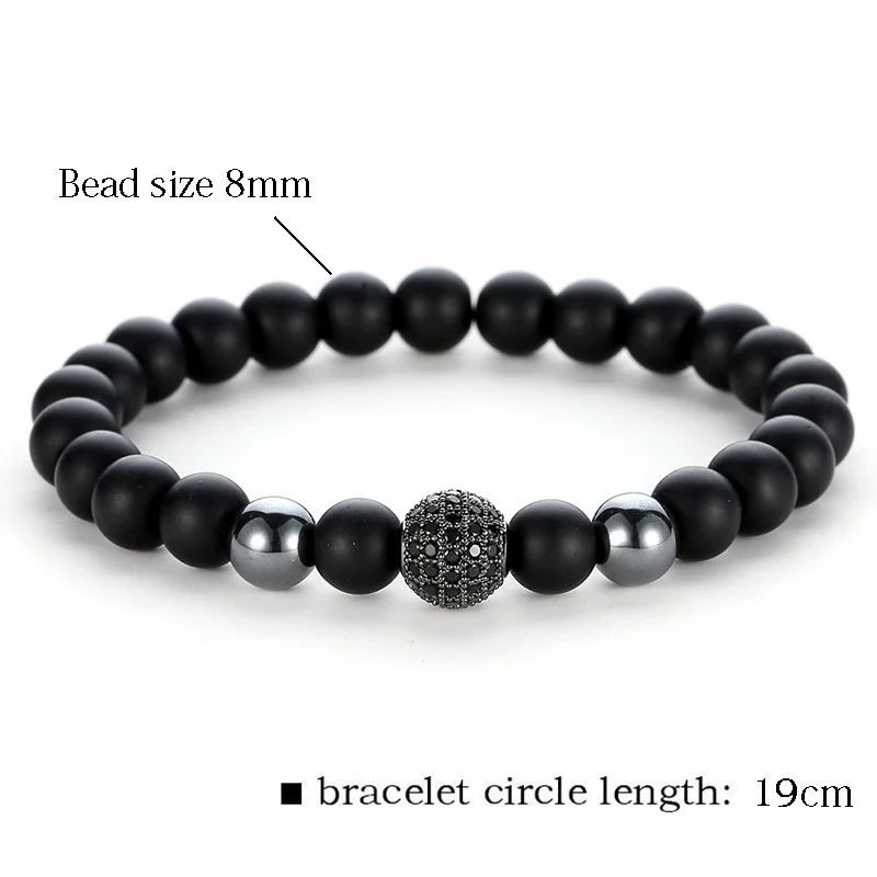 Браслет с черными бусинами из натурального камня розовое золото микро закрепка CZ