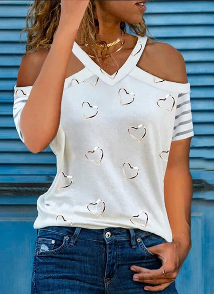 

Summer New Fashion Female Print Tops Casual Short-sleeved Off-shoulder T-shirt Loose and Comfortable V-neck Shirt Women Tshirt