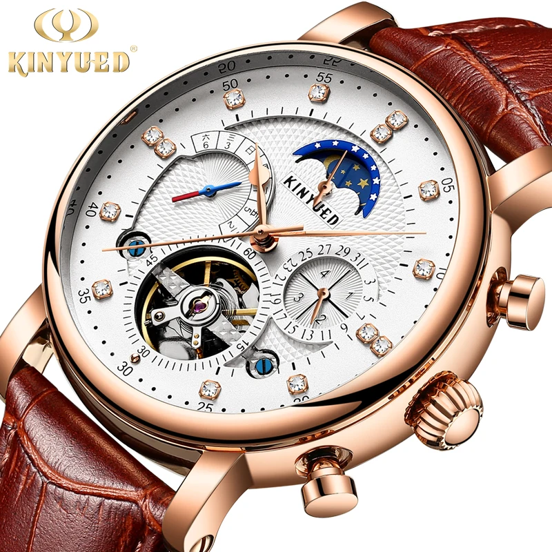 

KINYUED Moon Phase Top Brand Mens Mechanical Watches Automatic Tourbillon Skeleton Watch Men Calendar Relogio Masculino dropship