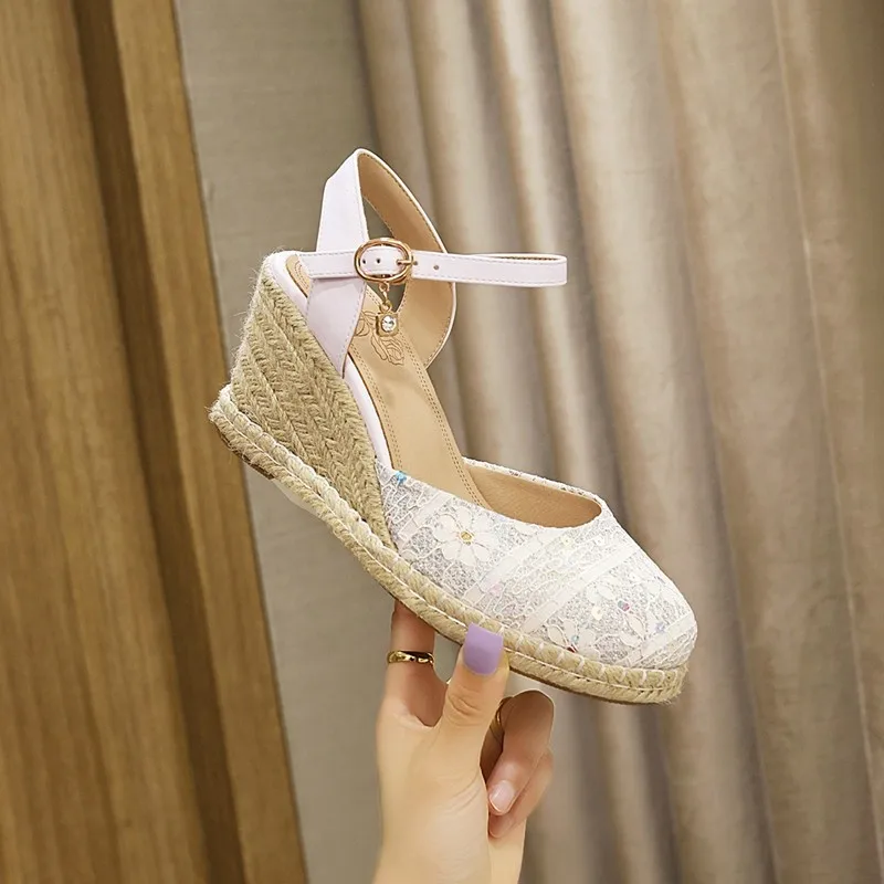 

Handmade Summer Shoes Women Sequin Slingback Sandals Size 42 43 44 Round Toe Sewing Straw Platform Wedges Heels Fisherman Shoes