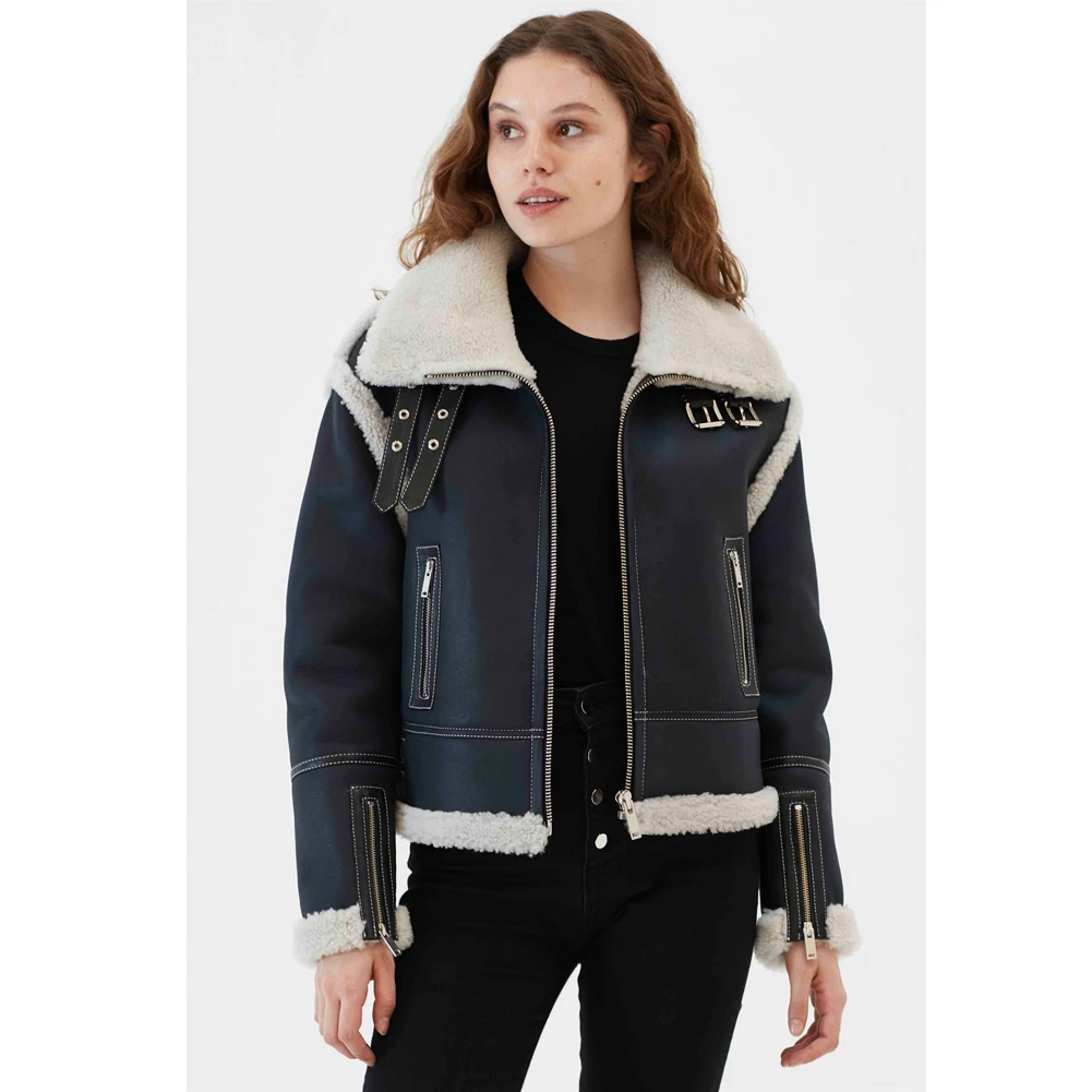 2019 New Womens B3 Shearling Jacket Turkey Sheepskin Coat Blue Leather Jacket Biker Coat Short Fur Jacket