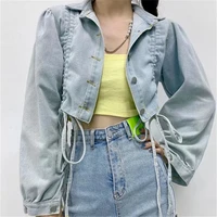 early autumn loose slimming all matching casual denim coat womens korean style high waist sides drawstring design jackets top