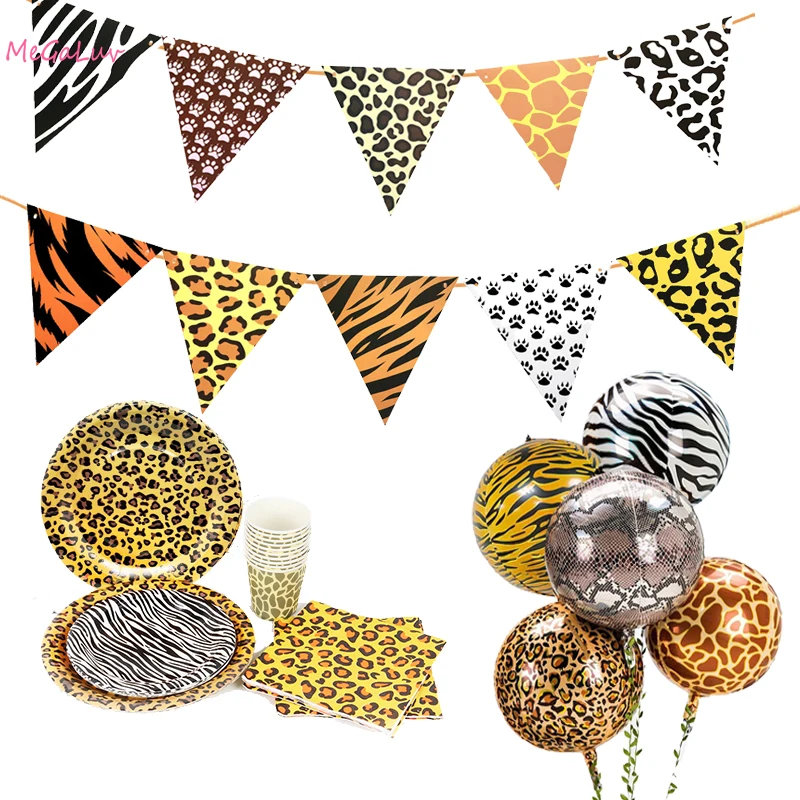 

Black Orange Leopard Zebra Animal Printed Disposable Tableware Kids Birthday Decoration Baby Shower Jungle Safari Party Supplies