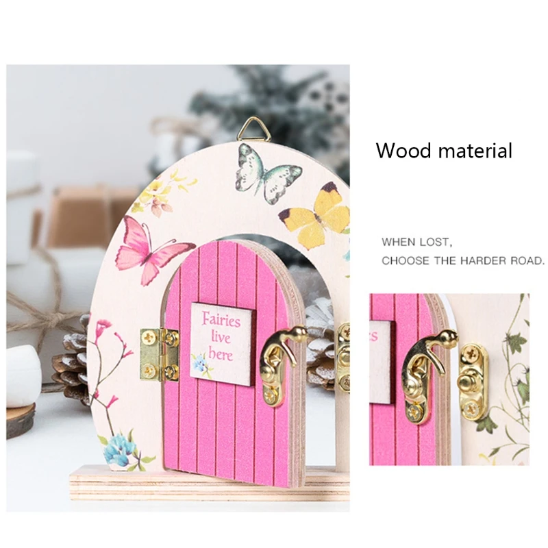 

T8NA Miniature Fairy Wooden Garden Pink Arch Door 3D DIY Yard Pixie Elf Mouse Hole with Triangle Hook Home Kids Room Wall Tree