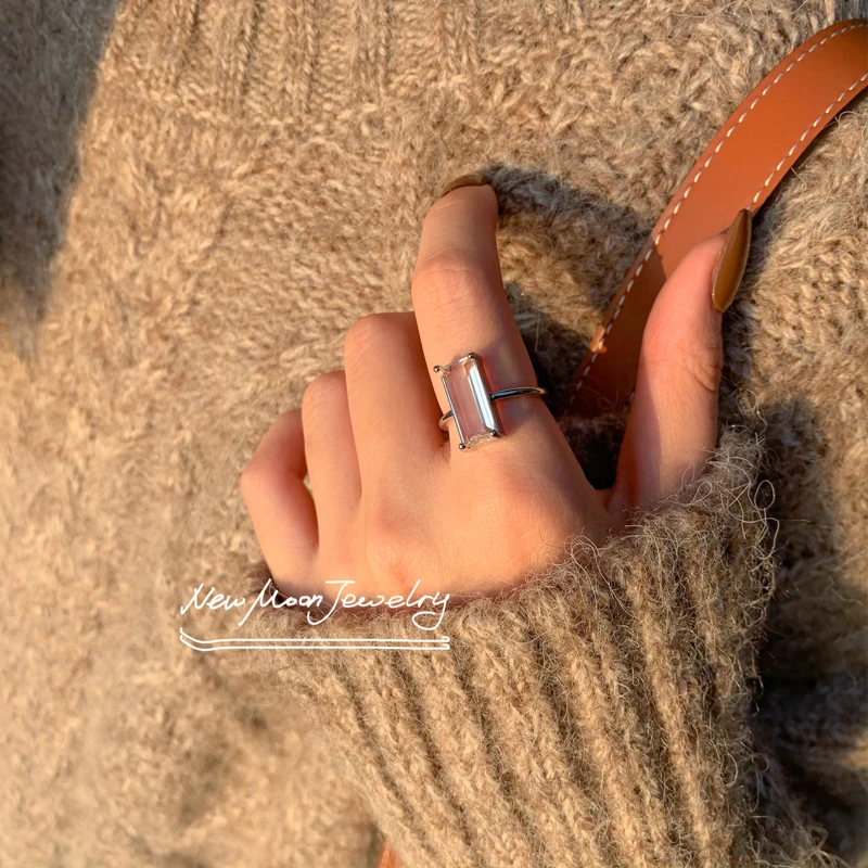 

Crescent Moon/Sea Salt/Quartz Stone Ring/Square Diamond Crystal 925 Silver Simple Personalized All-Match Ins Style Gift